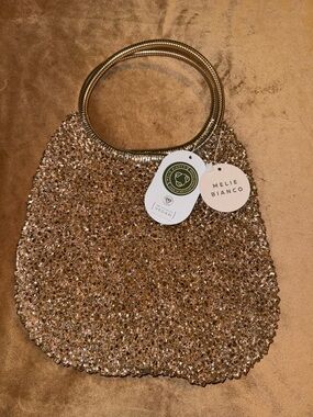 Melie Bianco Rose Gold Crochet Mini Bag with Metallic Ring Handles